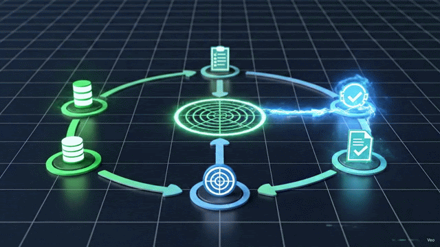 Animated continuous control loop moving a compliance work item through centralise, prioritise, monitor, and prove steps.